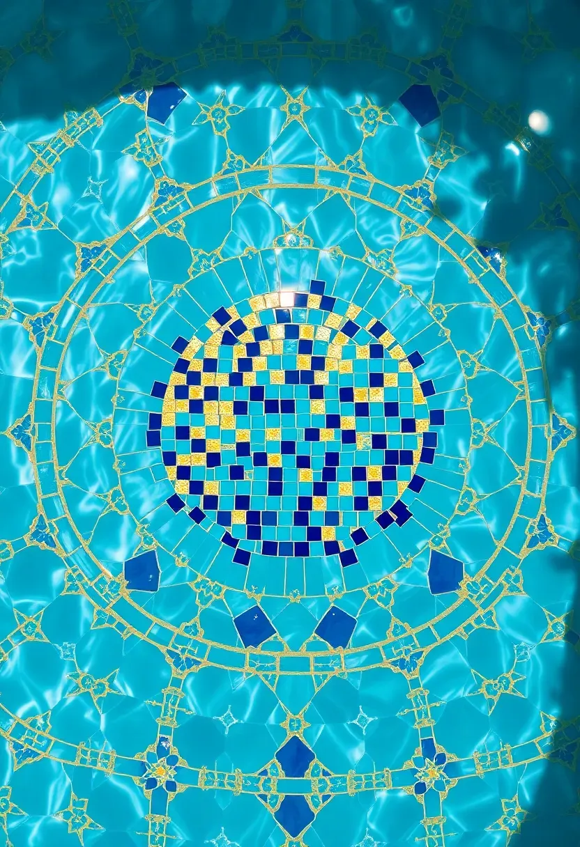 Stunning small pool with intricate mosaic tile patterns in blues and golds