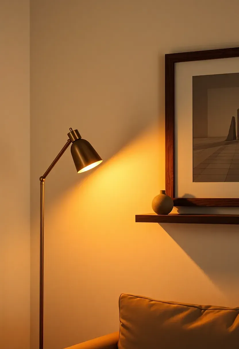 Slim brushed-brass floor lamp switched on beside a living room gallery wall — warm amber pool of light illuminating framed prints above and floating shelf below, evening atmosphere