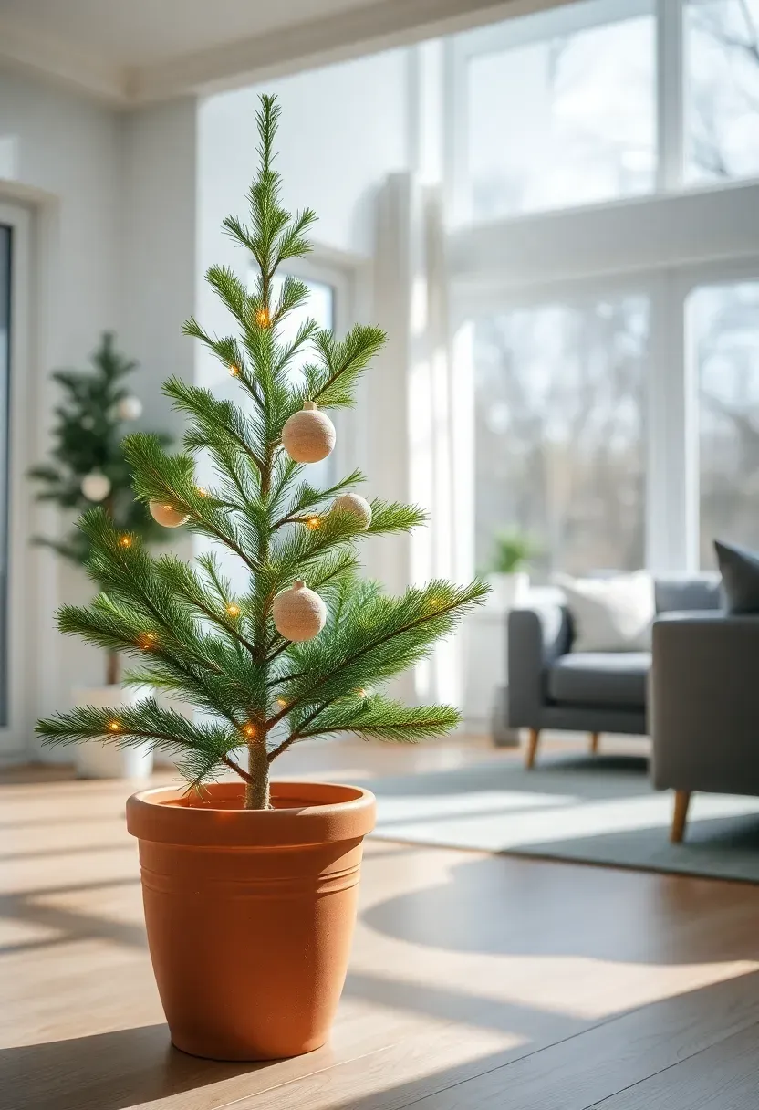 Hyper-realistic 3/4 view of a living potted Norway spruce tree (about 4 feet tall) in a terracotta pot, decorated with simple wooden ornaments and warm white lights, placed in a living room with large windows. Materials: living green spruce needles, terracotta pot, raw wood ornaments, warm LED lights. Bright daylight (5000K), creating shadows on light wood floor. Eco-conscious mood, shallow depth of field with needle details sharp, visible room context with modern minimalist furniture. No text, no logos, no watermarks.</p>