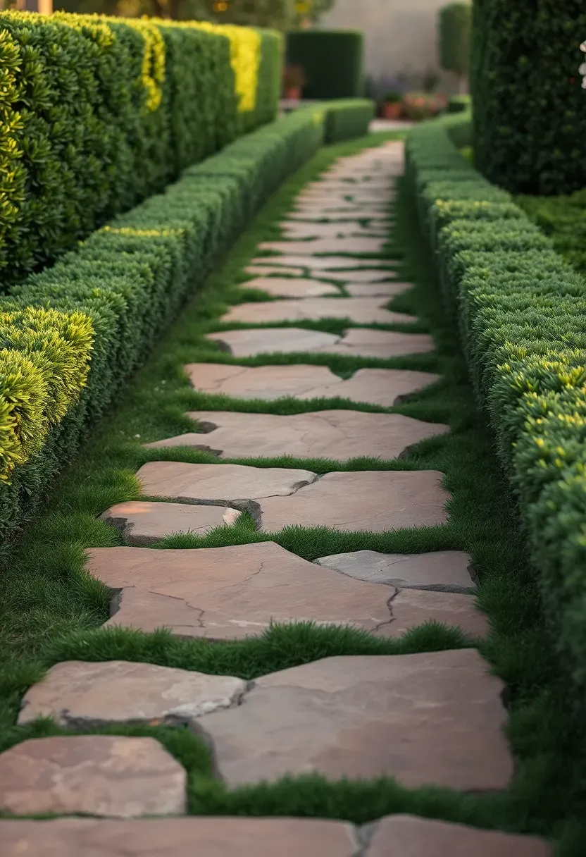 Irregularly spaced flagstone stepping stones set in lush synthetic turf in a garden walkway with shrubs on both sides