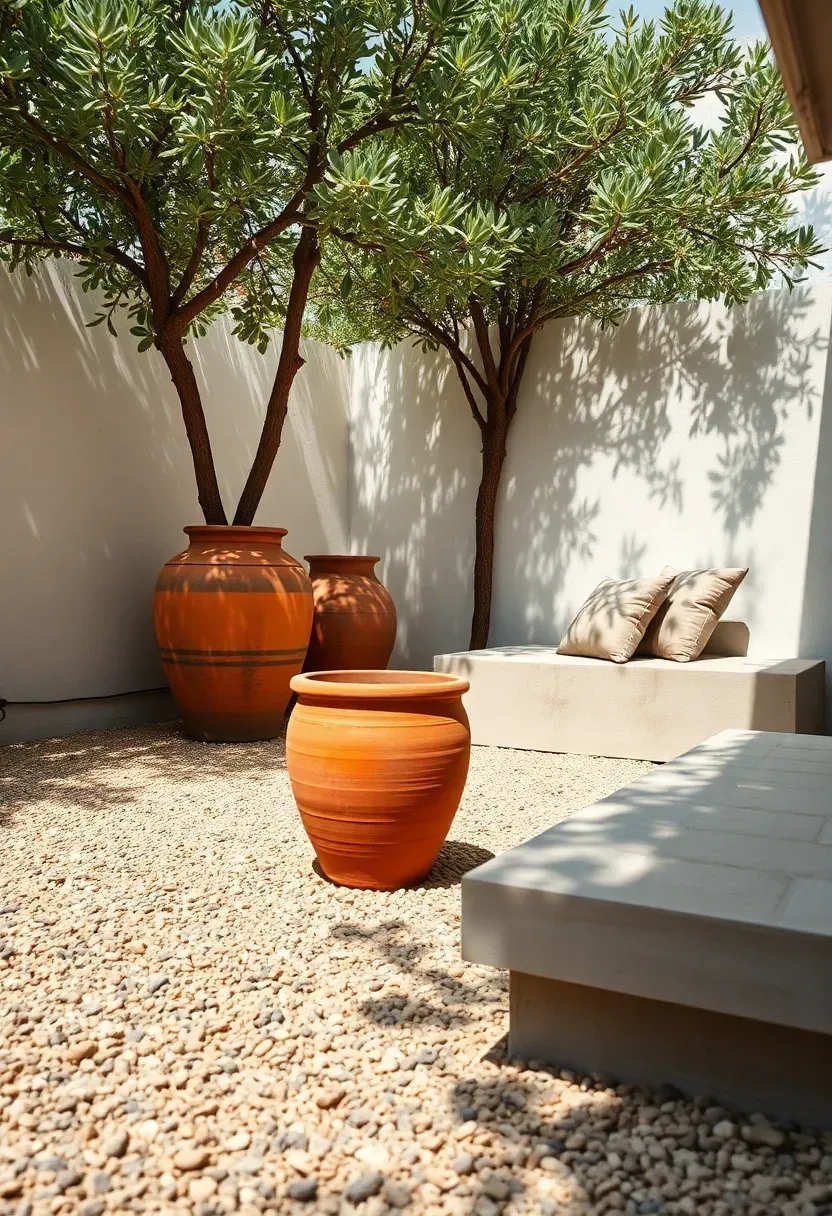 Gravel courtyard backyard with decomposed granite surface and large clay pots with olive trees and a low concrete bench along one wall