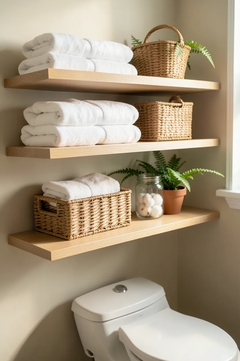 Floating wooden open shelves in a small apartment bathroom styled with rolled white towels, woven baskets, and small potted plant as decorative storage
