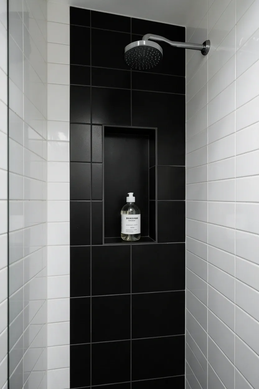 Hyper-realistic eye-level photograph of a modern black bathroom shower showing built-in tiled niche in matte black, surrounded by white subway tile walls with white grout, chrome shower head, glass bottle of shampoo in niche. Natural light. Materials: matte black ceramic tiles, white subway tiles, chrome fixtures. Dramatic black accent detail. Clean minimalist composition. No text, no logos, no watermarks.</p>