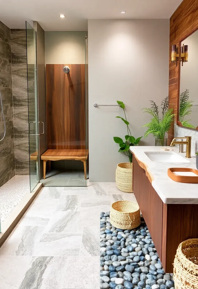 Bamboo accessories and stone soap dish on a rental bathroom counter with warm wood shelf accents