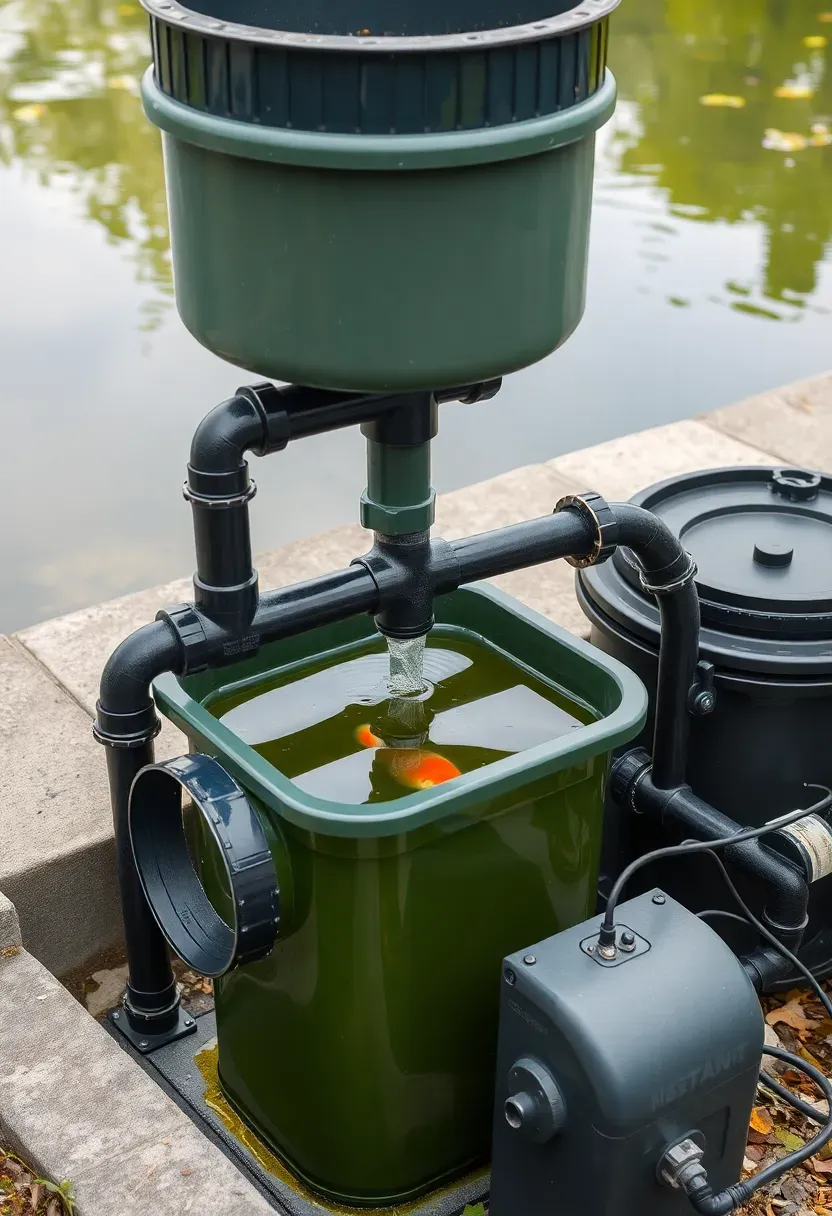 Gravity-fed koi pond filter system with a raised settlement tank connected to a lower pond via pipes