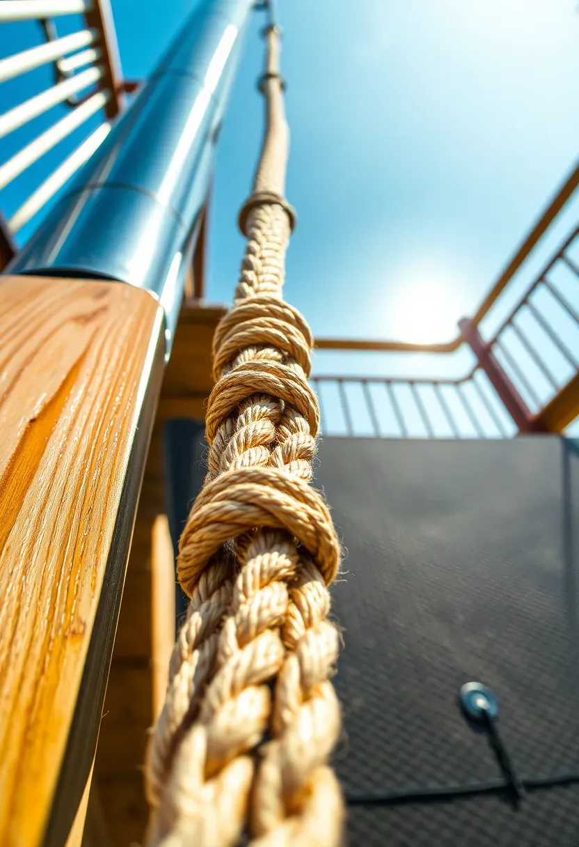 Tall wooden fireman pole next to rope drop station on a playground platform, with thick rubber mat at the base