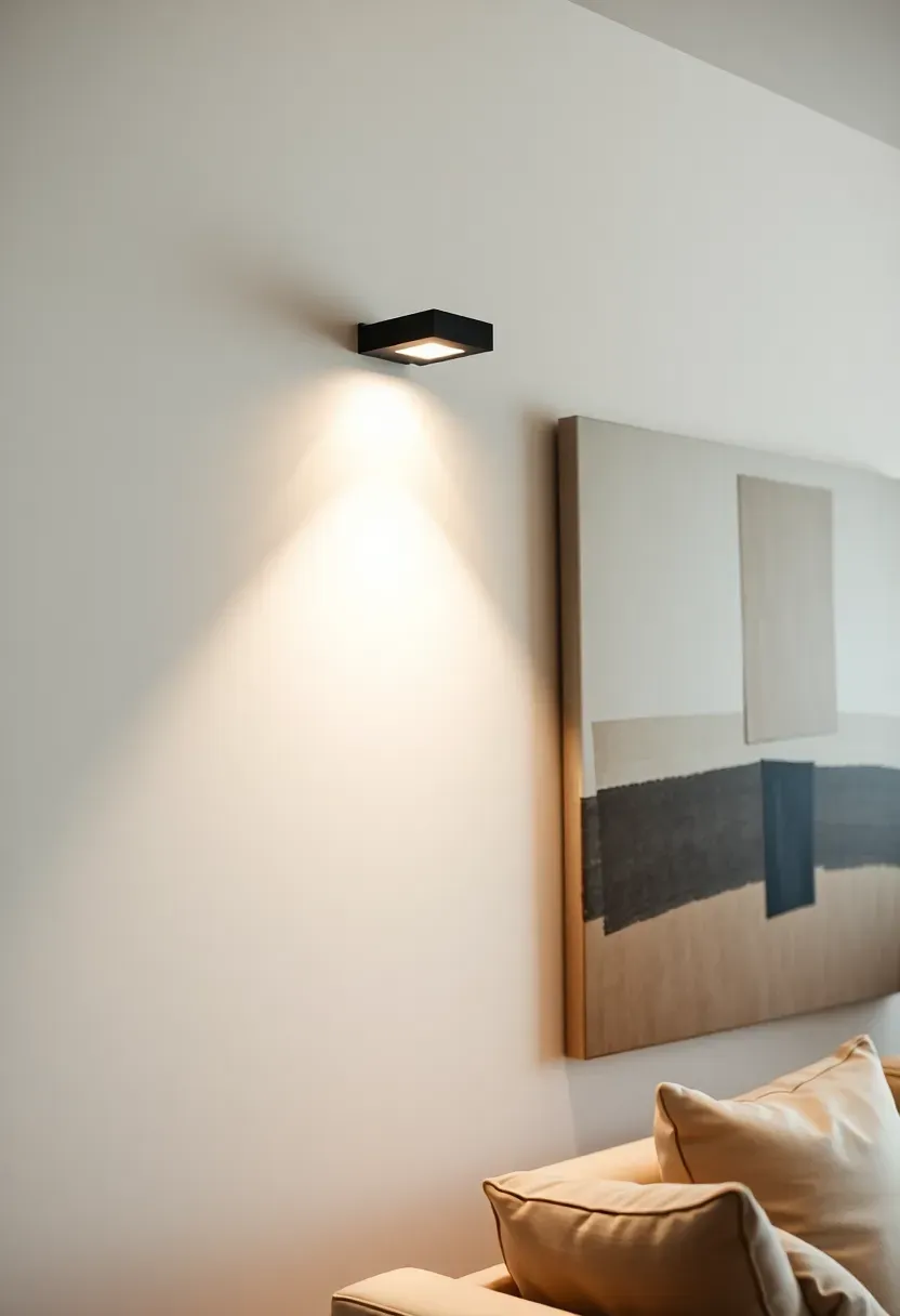 Hyper-realistic 3/4 view of minimalist living room wall with large abstract artwork illuminated by dedicated picture light. Slim matte black LED picture light mounted 8 inches above artwork, angled downward at 30 degrees casting even illumination across canvas surface. Artwork featuring geometric composition in neutral tones. White wall, cream sofa nearby. Materials: LED picture light fixture, canvas art, painted wall. Focused accent lighting creating artwork emphasis. Clean minimal installation. Shallow depth of field, sharp details on fixture and illumination effect. No text, no logos, no watermarks.</p>