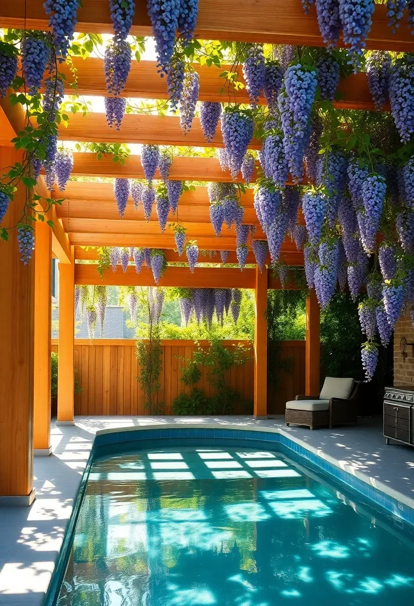 A backyard swim spa deck with an overhead cedar pergola draped in climbing vines providing filtered shade
