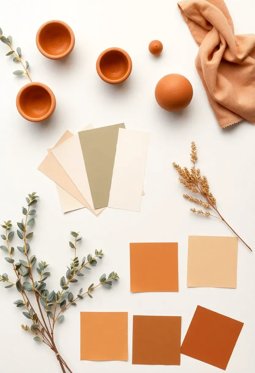 Flat lay of ceramic objects, book spines, fabric swatches, and paint chips arranged on a white surface — a warm earthy palette of terracotta, sage, cream, and walnut tones