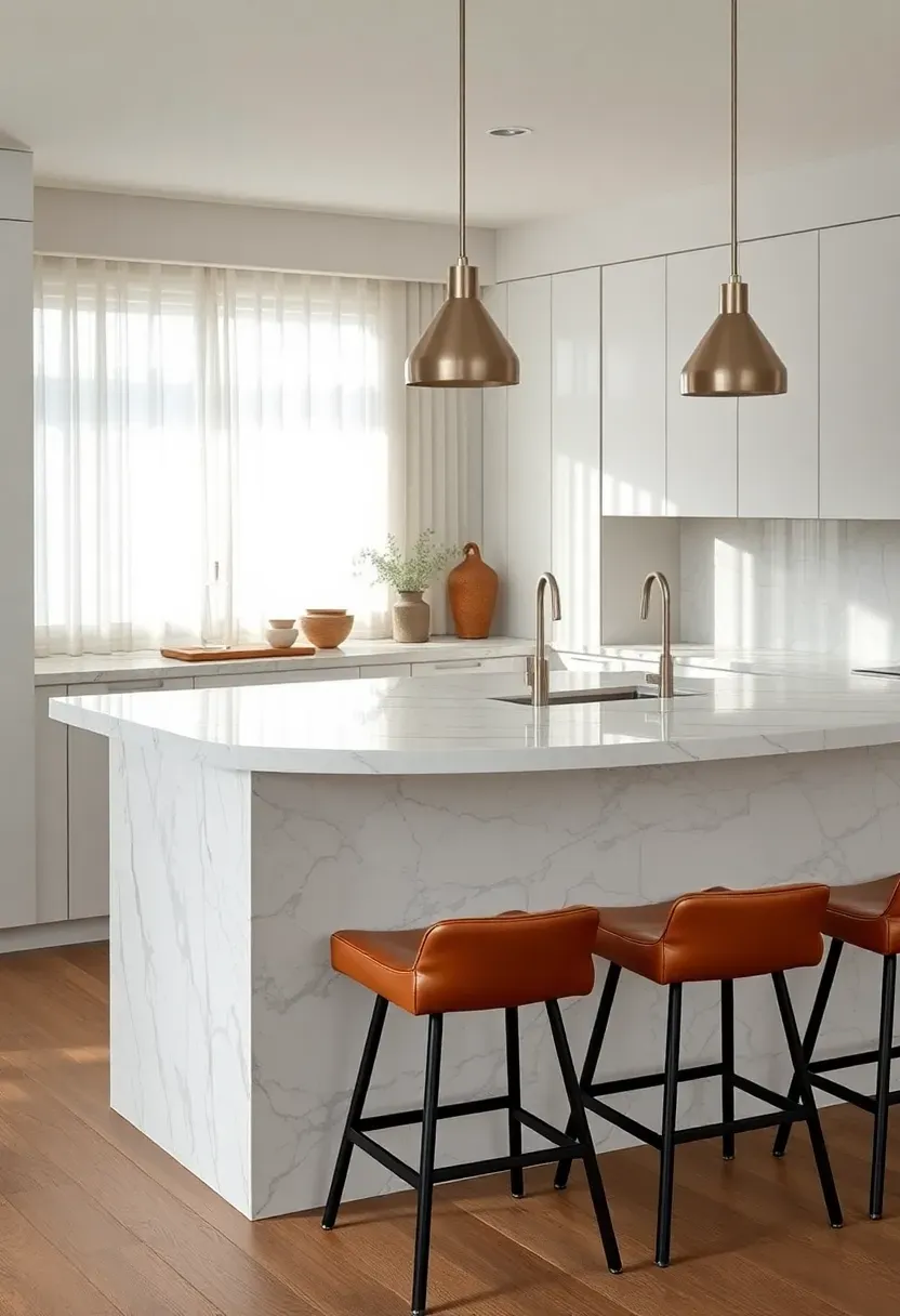 Kitchen with a gently curved island featuring waterfall marble edges and bar seating