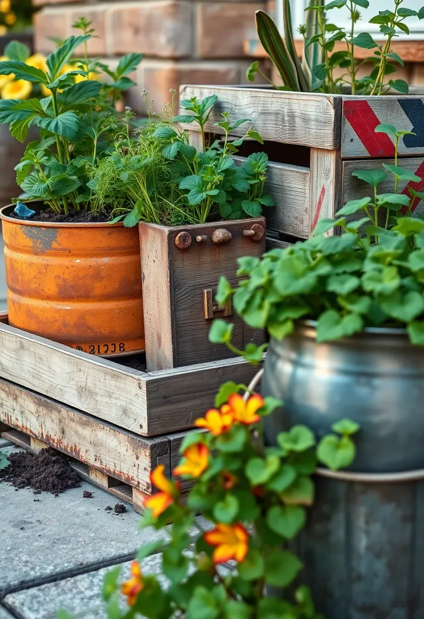 Upcycled container planter garden on a patio with olive oil tins, a wine crate, and a galvanised steel bucket planted with herbs, nasturtiums, and succulents