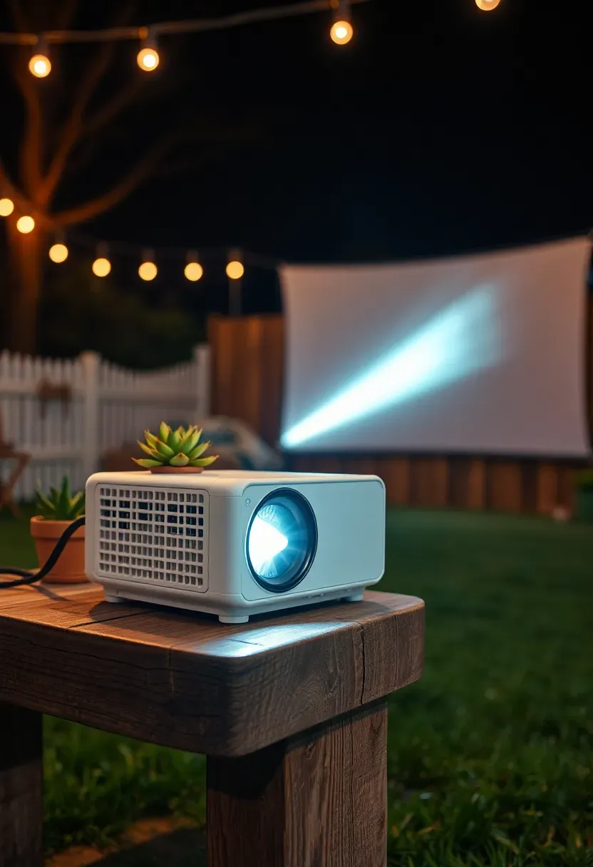 A compact portable LED projector sitting on a wooden side table in a backyard, projecting a bright image onto a screen at night