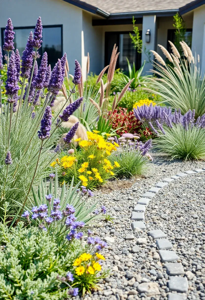 Hyper-realistic 3/4 view of a water-wise front yard garden with lavender, russian sage, yarrow, sedum, and ornamental grasses planted in drifts with permeable gravel pathways and drip irrigation visible. Materials: silver-gray drought foliage, yellow and purple blooms, permeable surfaces. Bright direct sunlight, Mediterranean drought-tolerant palette. Efficient grouping by water needs. Visible eco-conscious modern home. No text, no logos, no watermarks.</p>