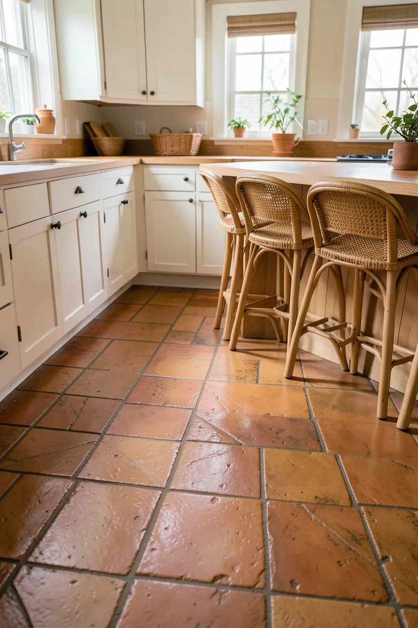 Hyper-realistic eye-level photograph of a boho kitchen with terracotta floor tiles. The tiles are in warm earthy orange-brown tones with natural variations in color and slight surface irregularities. The tiles are arranged in a classic square pattern. Above, white shaker cabinets and light wood countertops. Rattan bar stools at island. Natural light streaming through windows reflecting off the terracotta surface. Materials: terracotta tiles, white painted wood, light oak, natural rattan. Earthy and warm boho mood. Sharp focus on the tile surface texture and color variations. No text, no logos, no watermarks.</p>