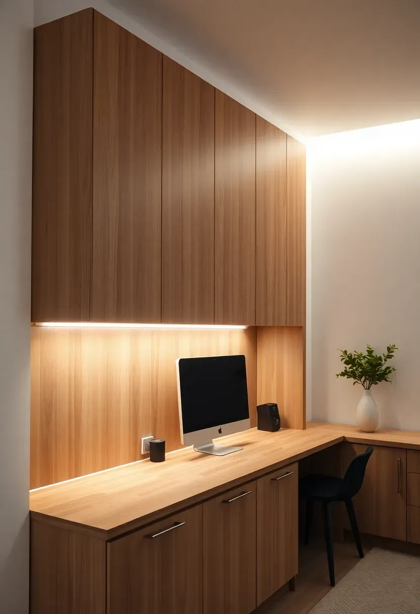 Hyper-realistic 3/4 view of minimalist living room built-in cabinetry with under-cabinet LED strip lighting. Light oak upper cabinet with LED channel beneath casting bright even task lighting onto oak countertop below. Computer or work setup on counter. White wall above cabinets. Warm neutral ambient light filling space. Materials: oak cabinetry, LED strip in aluminum channel, oak countertop. Functional task illumination. Clean minimalist cabinetry. Shallow depth of field, sharp details on light quality and cabinetry. No text, no logos, no watermarks.</p>