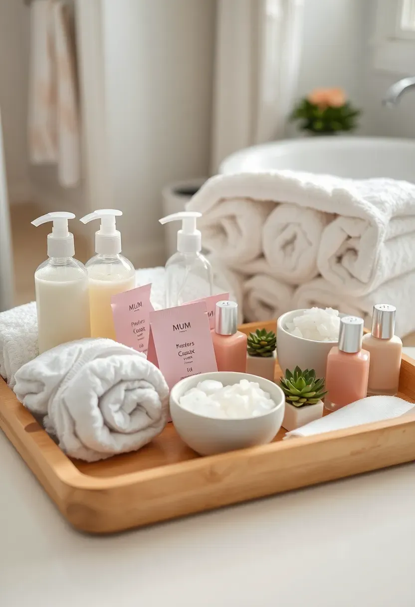 pamper station at baby shower with face masks lotions and spa items for the mum to be