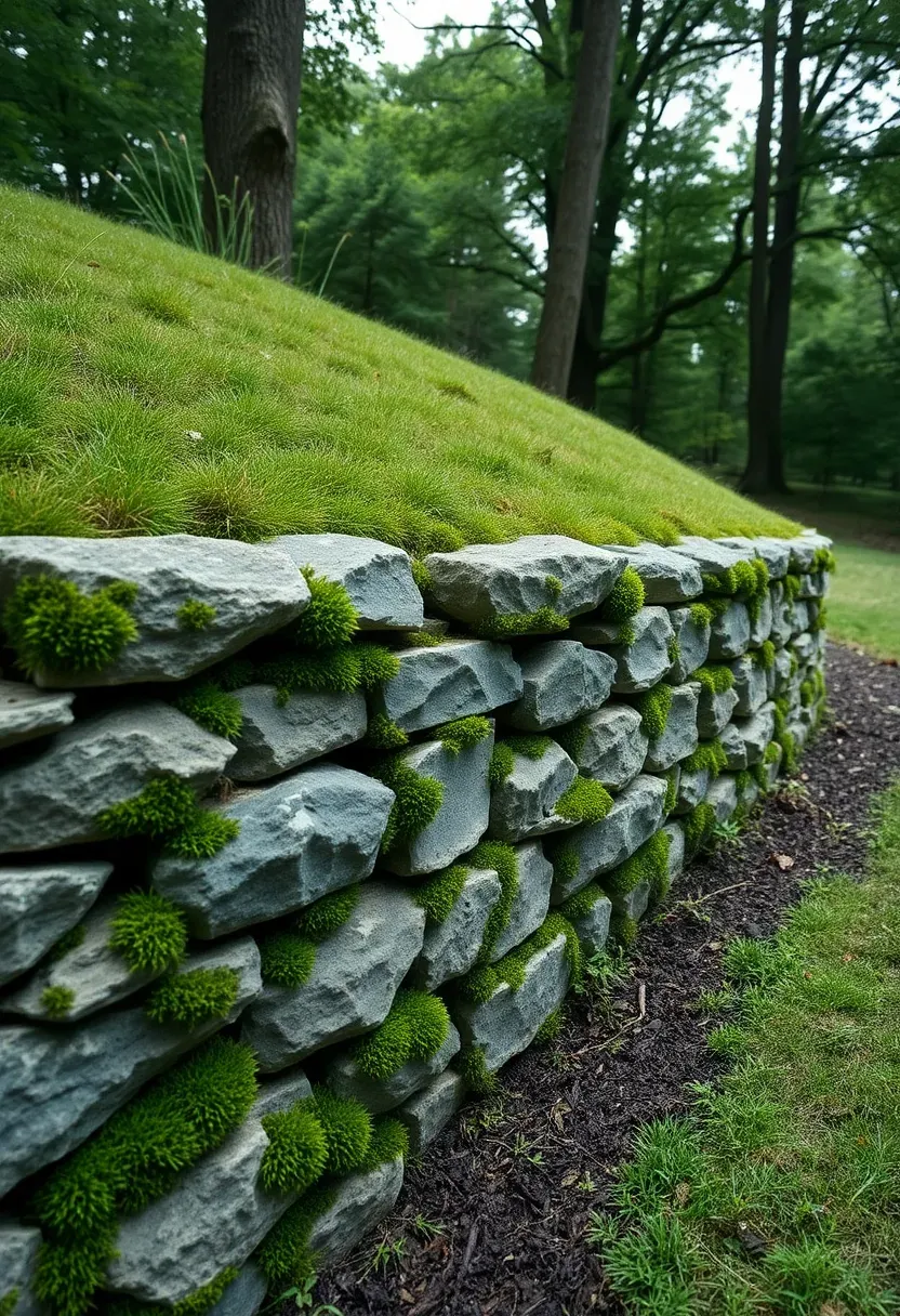Stacked natural stone retaining wall with irregular edges holding back a grassy hillside in a shaded backyard