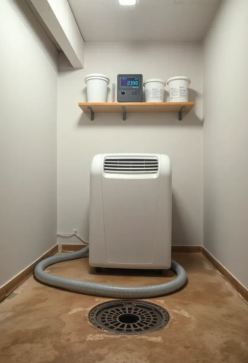 Basement climate control station with a dehumidifier, hygrometer on the wall, and moisture absorber buckets on a shelf