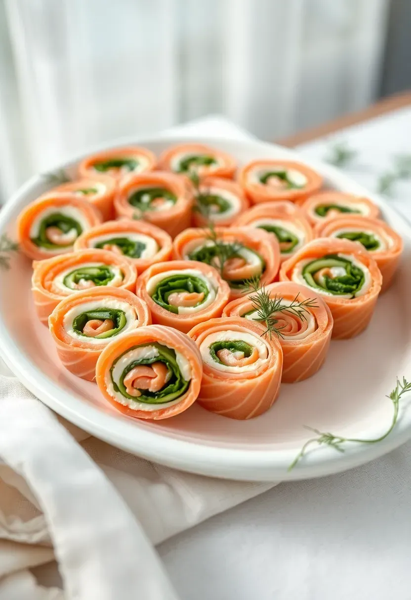 smoked salmon pinwheel wraps sliced into rounds with cream cheese and dill on a white platter for a baby shower