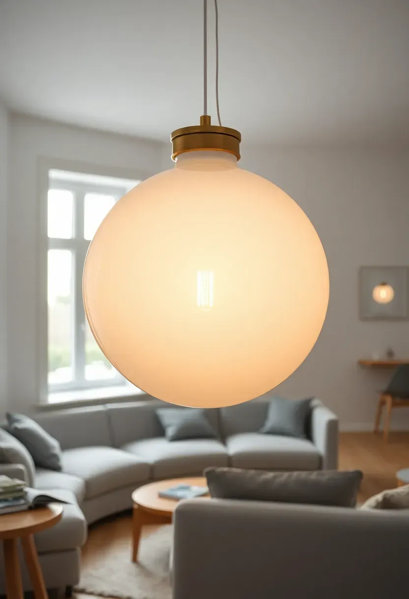 Hyper-realistic upward angle shot of a striking pendant light in Scandinavian living room. Large white handblown glass globe pendant suspended from ceiling, warm LED bulb visible inside glowing softly. Light gray sofa and coffee table below. White walls, light oak floor. Window with daylight in background. Second smaller pendant visible in distance. Clean minimalist composition. Materials: matte white glass, brass hardware, gray cotton, light oak. Warm ambient lighting, modern serene mood. Sharp details on glass fixture, visible room context, no text, no logos.</p>