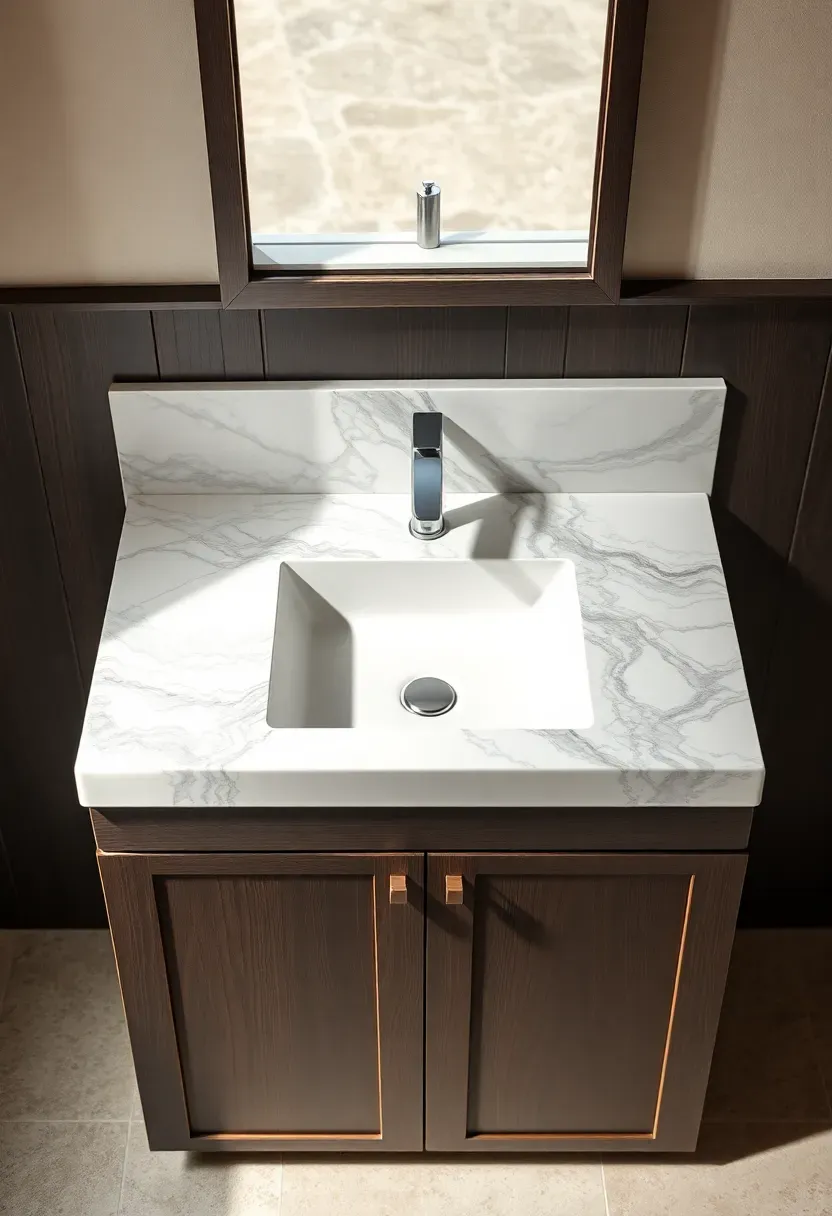 Quartzite bathroom countertop with dramatic white and gray veining on a dark wood vanity cabinet