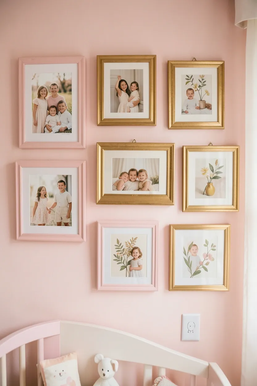 Organic gallery wall arrangement with mixed pink and gold frames, botanical prints, and woven accents in boho nursery