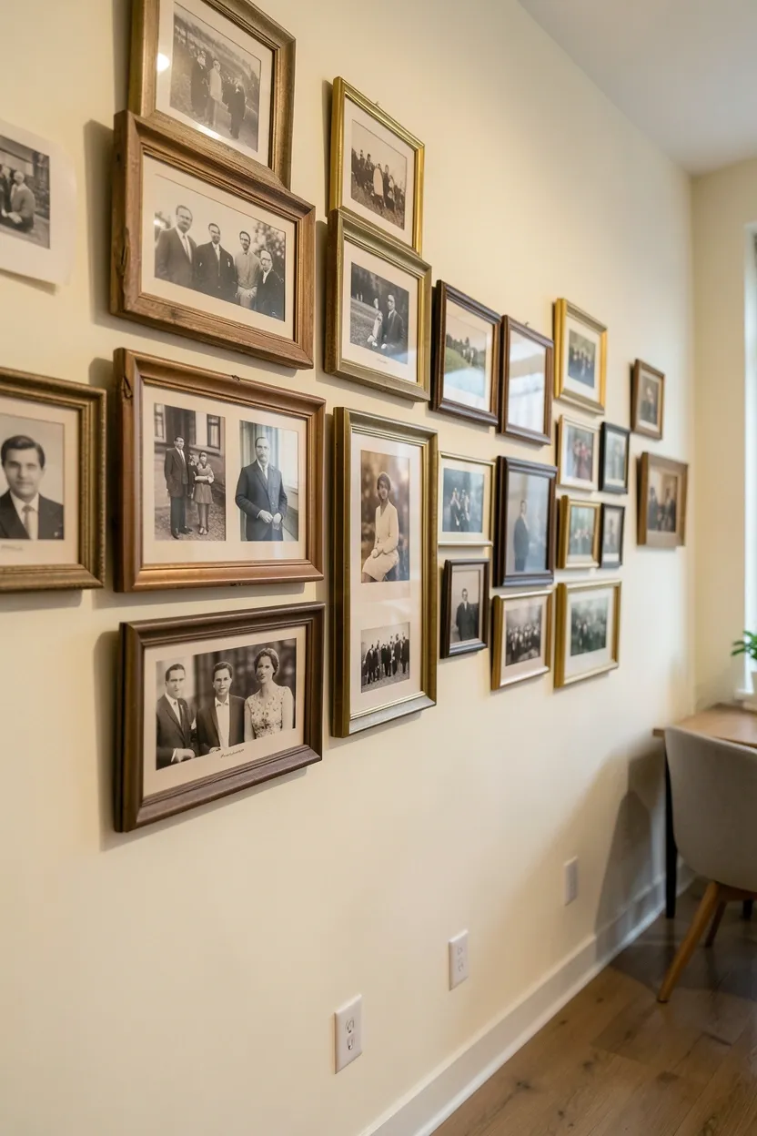 Gallery wall of vintage black-and-white and sepia photographs in mixed antique frames on a neutral wall in a modern vintage rental living room