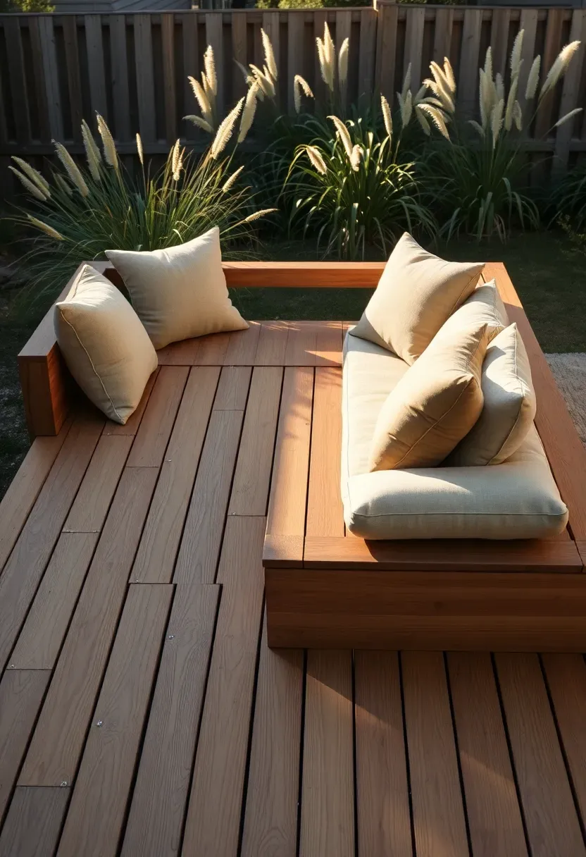 A low wooden platform deck about six inches off the ground with a built-in L-shaped bench along two edges, topped with outdoor cushions in neutral tones