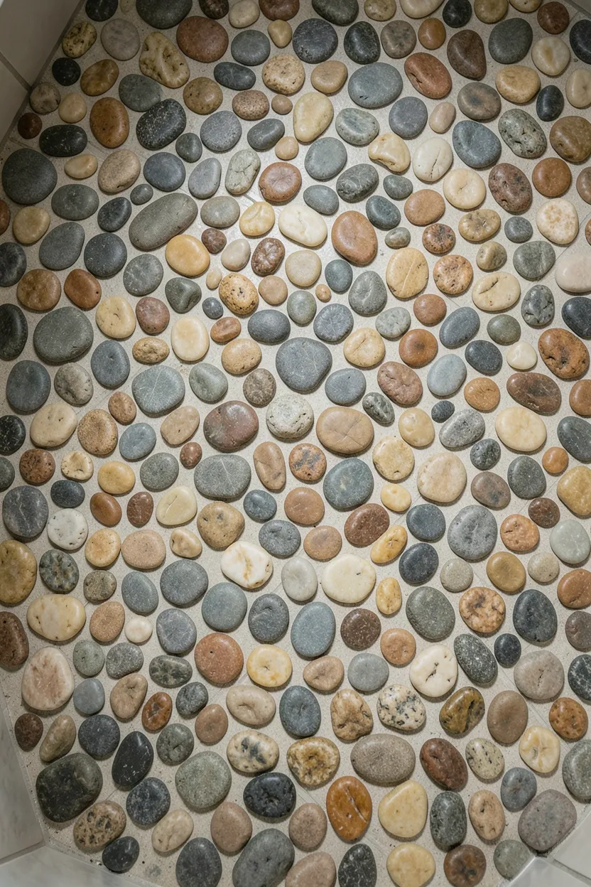 River pebble shower floor with smooth gray and beige stones arranged in a natural mosaic pattern for a spa-like wabi-sabi bathroom