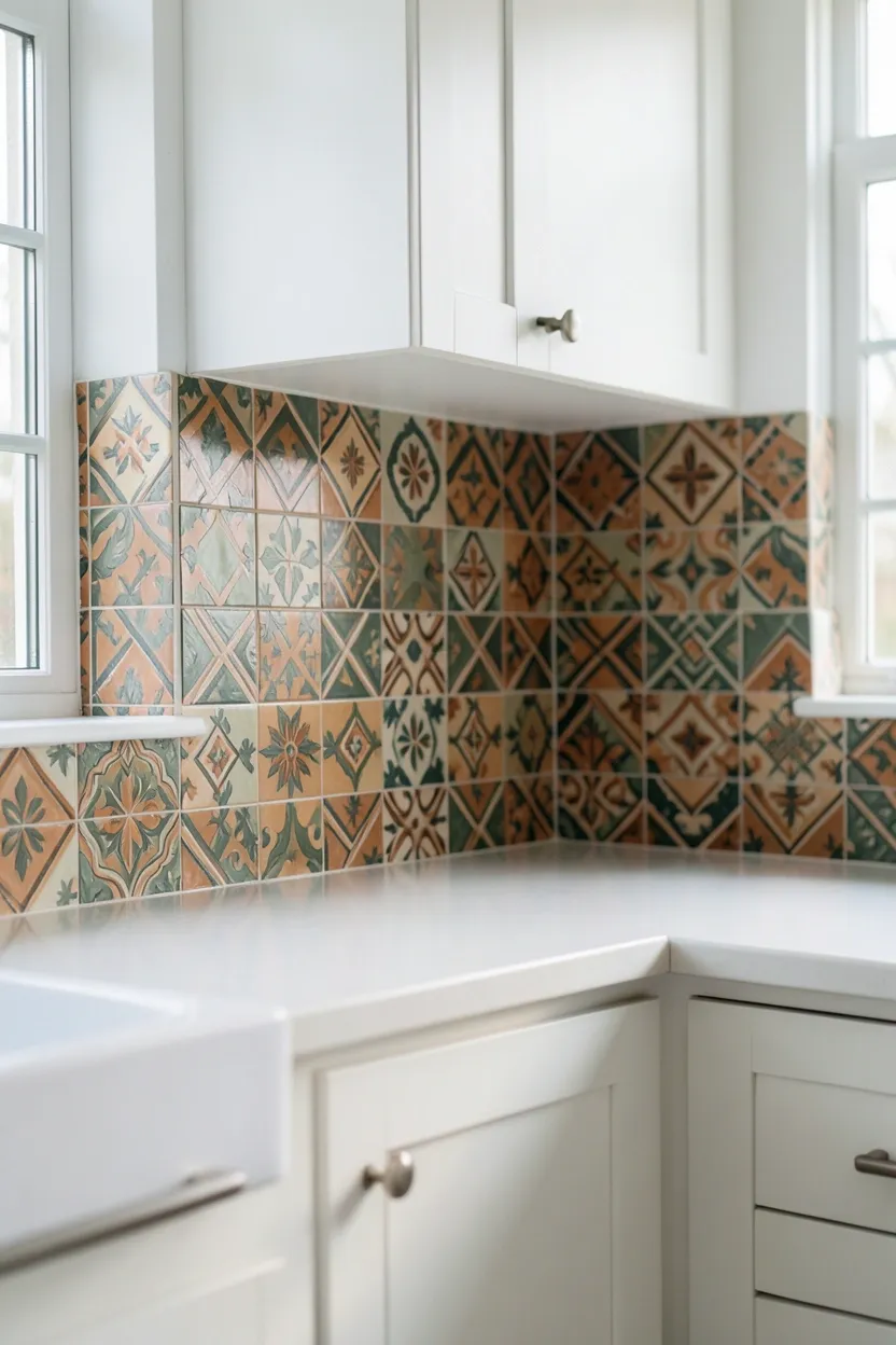 Patterned terracotta and ochre tile backsplash with geometric tribal motifs in a boho kitchen with natural wood cabinetry