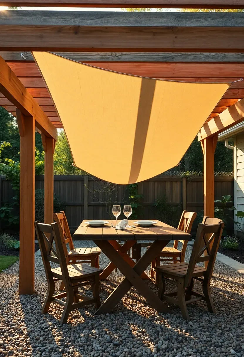 A simple DIY pergola made from four pressure-treated 4x4 posts with 2x6 rafters, partially covered with a canvas shade sail, over a small gravel patio with outdoor dining furniture