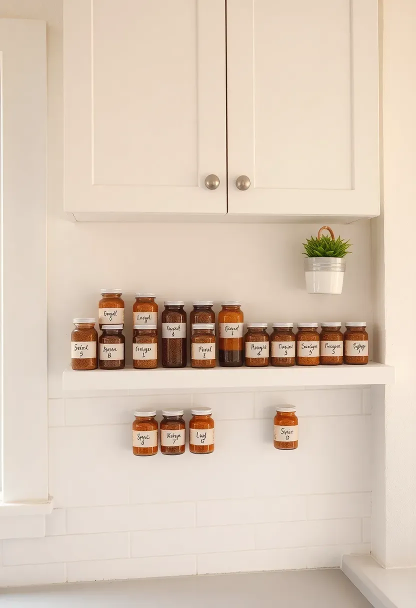 narrow floating wall-mounted spice shelves with labeled glass jars in a kitchen