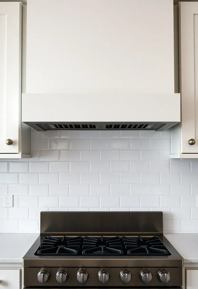Contemporary kitchen with a low-profile integrated range hood centered above a professional cooktop, surrounded by clean tile and minimal cabinetry