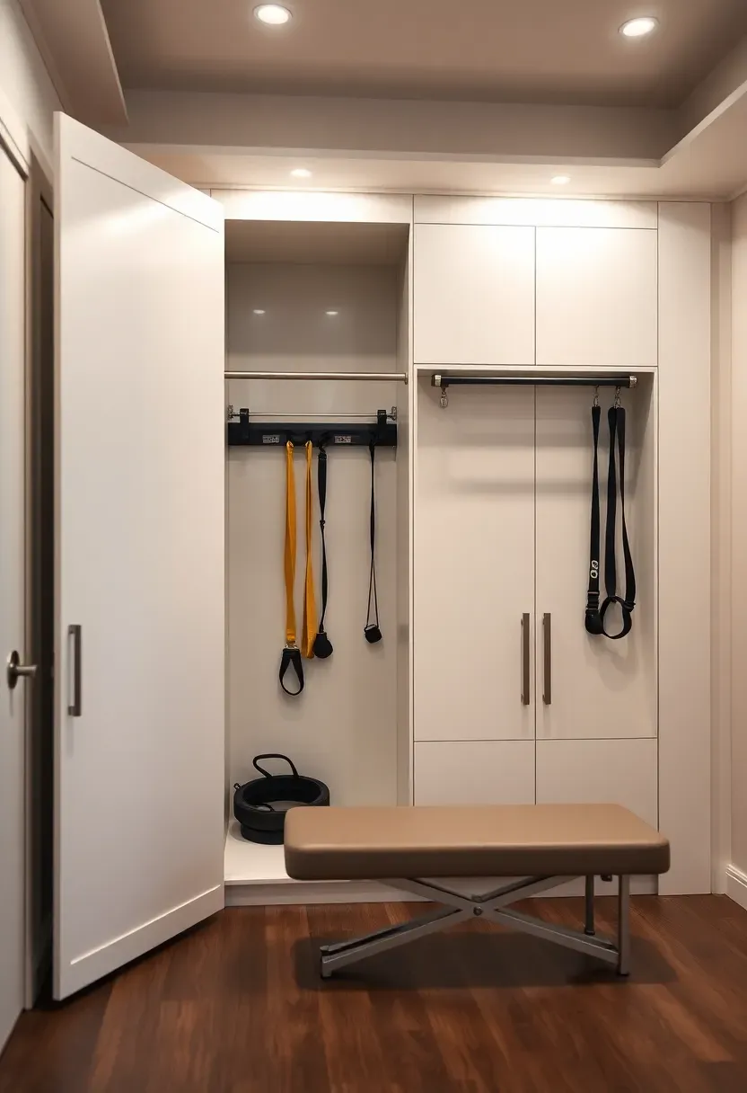 Murphy bed folded up to reveal an integrated home gym setup with pull-up bar and pegboard equipment storage in a small studio apartment