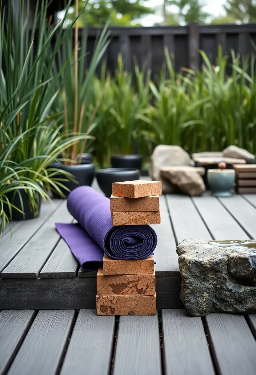 Dedicated outdoor yoga deck made of composite decking surrounded by tall grasses and bamboo, with a rolled yoga mat, foam blocks, and a small water feature nearby