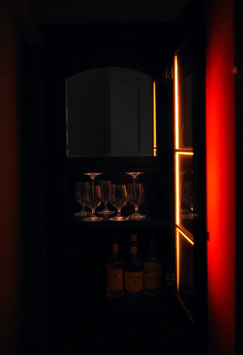 Compact dry bar cabinet with fold-down door, interior mirror, glass rack, and LED-lit bottle display in a small basement