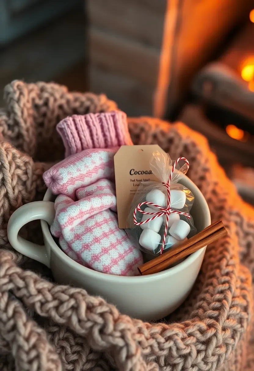 cozy socks and hot cocoa gift set in a mug with marshmallows and candy cane accents
