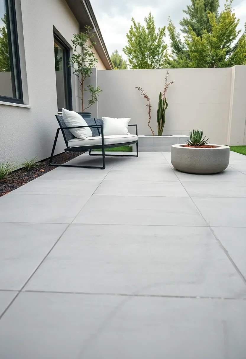 Large format porcelain slab pavers in pale gray on a sleek modern backyard patio with minimalist furniture