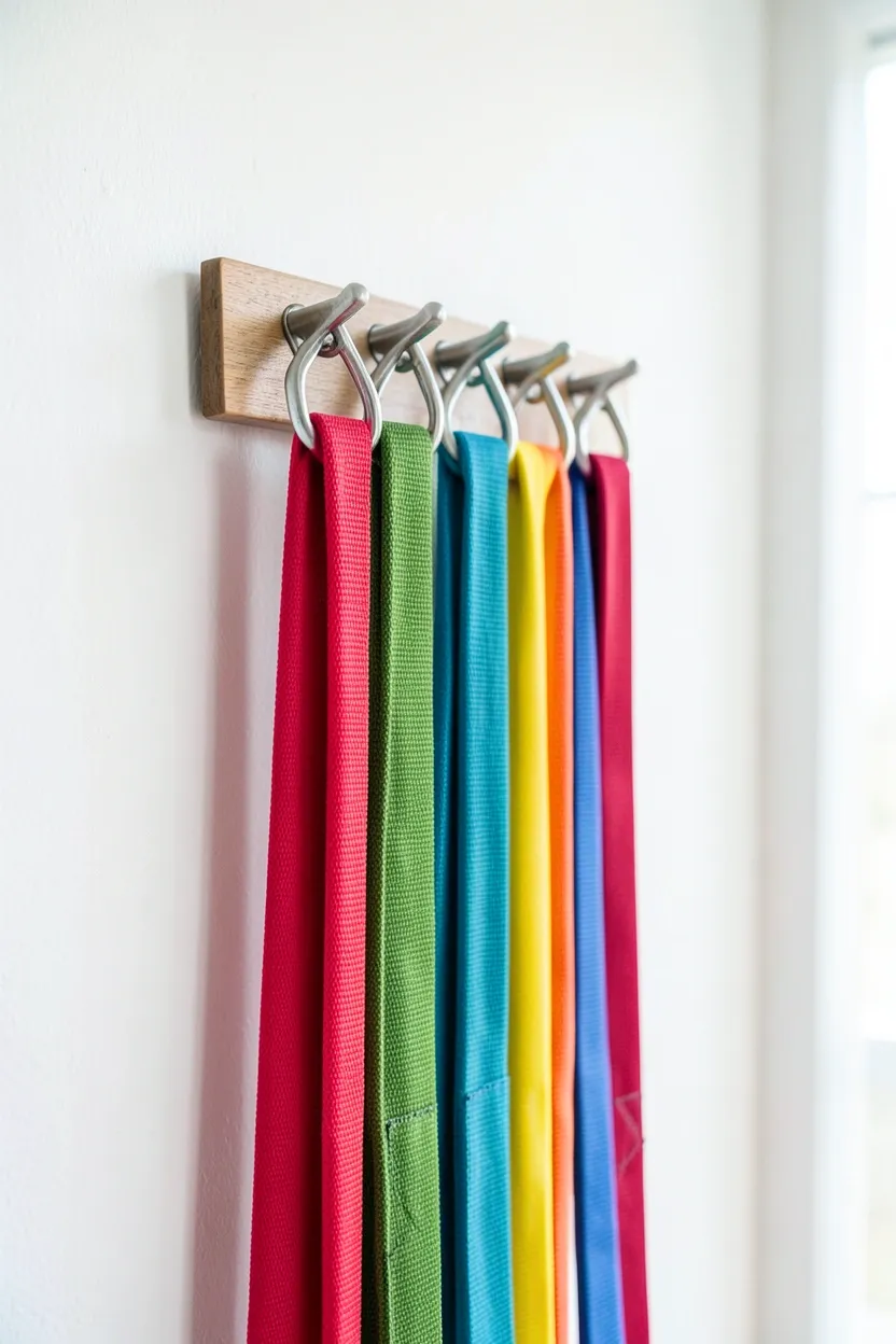 Wall-mounted resistance band holder with color-coded bands organized by tension level — renter-friendly gym wall storage that doubles as decor
