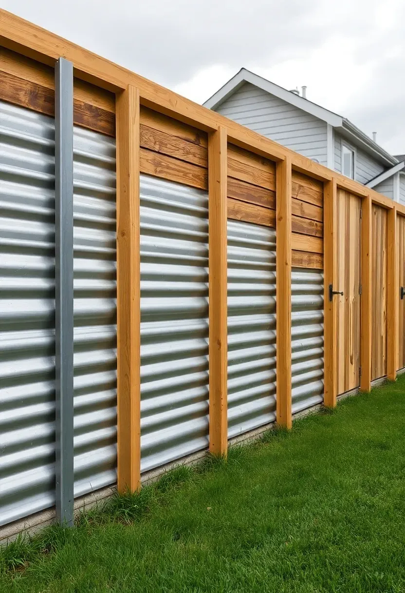 A modern fence combining corrugated metal panels with horizontal cedar wood slats in a backyard setting