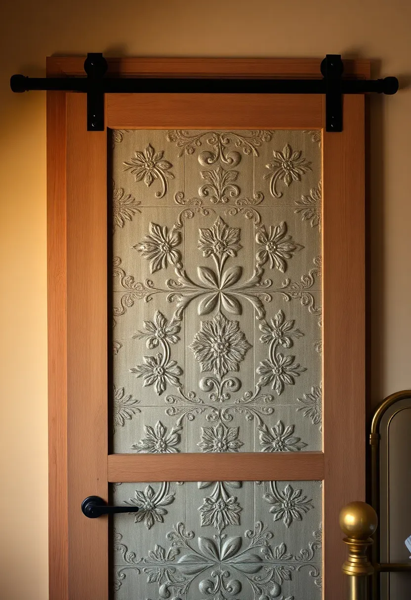 Reclaimed pressed tin ceiling tile panel set into a barn door frame with antique floral embossing covering a bedroom closet