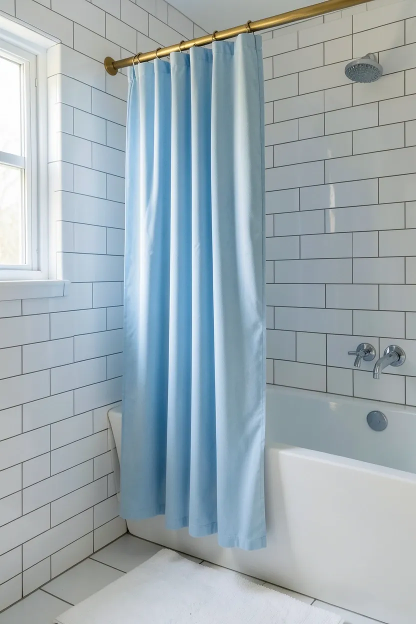 Powder Blue Shower Curtain with White Tiles