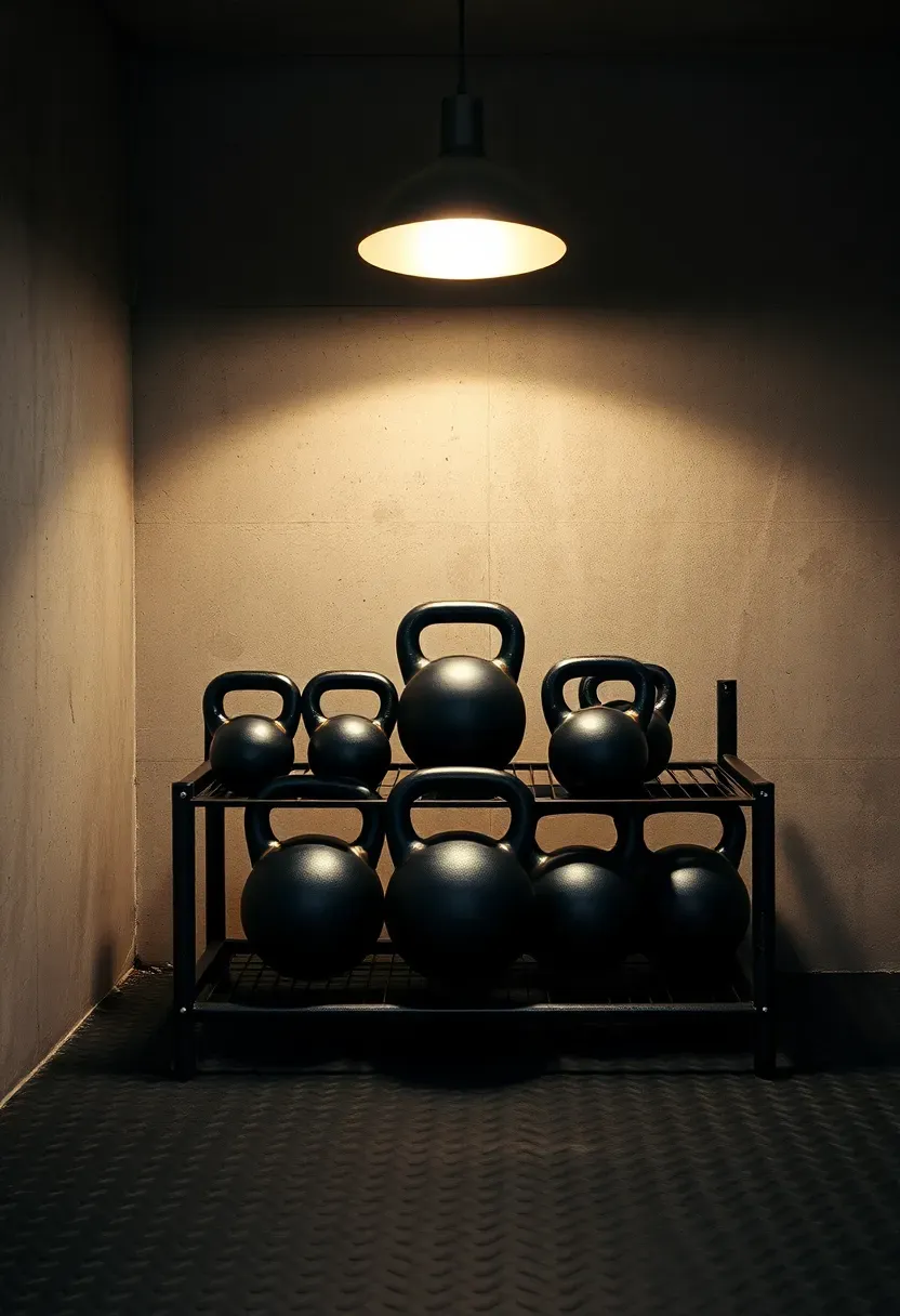 Corner of a basement gym with a tiered kettlebell rack holding cast-iron kettlebells from 8 to 48 kilograms on rubber flooring