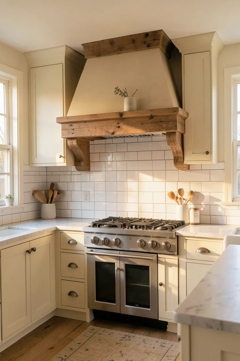 Reclaimed wood range hood serving as a rustic focal point in a small farmhouse kitchen with white cabinetry