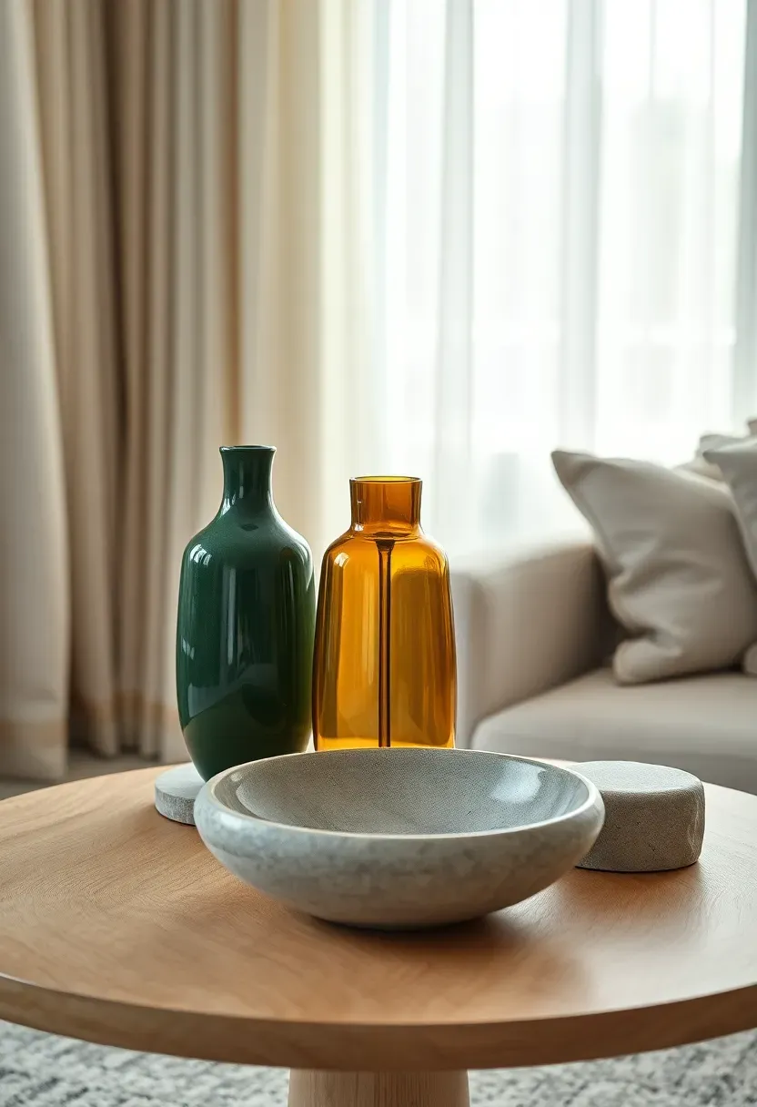 Three objects at different heights on a side table including a tall vase medium candle and low bowl