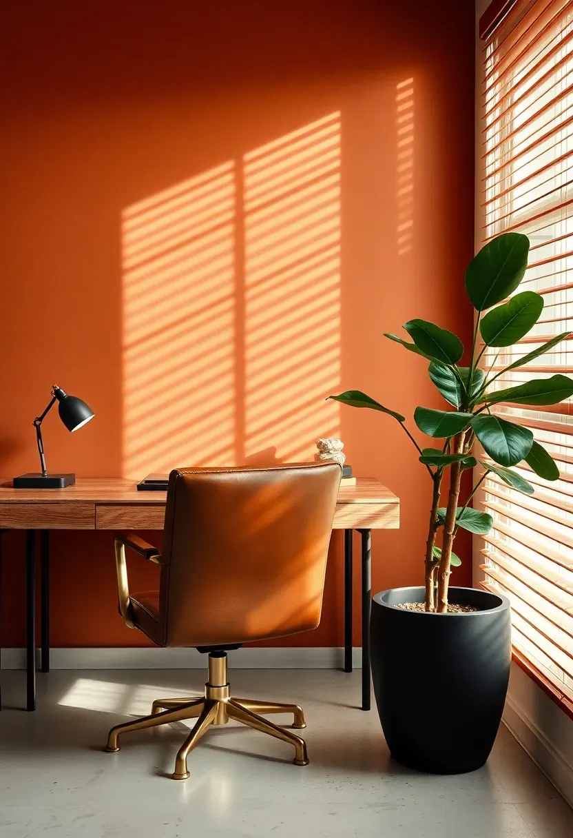 home office with burnt sienna accent wall behind a wooden desk with a leather chair and potted fiddle leaf fig