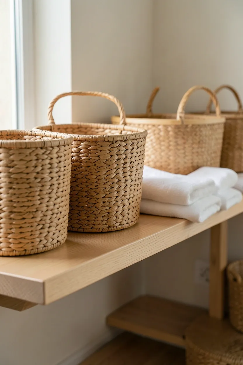 Natural seagrass and rattan woven storage baskets on open shelves in a cozy apartment bathroom, organizing towels and toiletries with warm organic texture