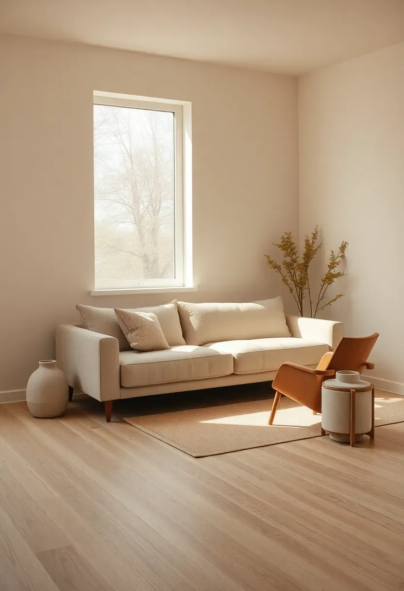 Hyper-realistic 3/4 view of a minimalist room with quiet neutral palette, white oak floor, low sofa, single accent chair. Materials: white oak, linen, matte plaster, ceramic. Warm diffused window light, creamy neutrals with soft beige undertones. Mood: calm, cohesive, serene. Shallow depth of field, sharp details on products, balanced composition, soft shadows, visible room context. No text, no logos, no watermarks.</p>
