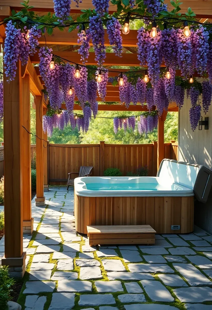 A wooden pergola with climbing vines shading a hot tub on a flagstone patio with string lights draped between the beams