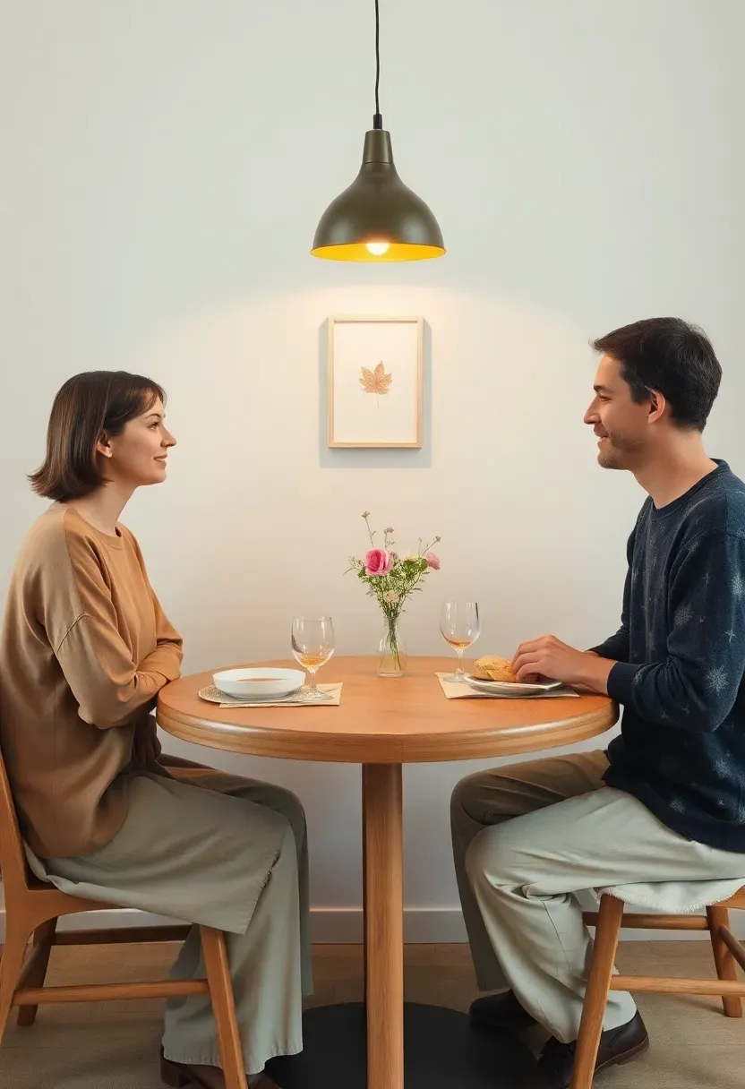 Hyper-realistic 3/4 view of a simplified dining area showing small round wooden table with two people having conversation, simple meal (bowl of soup, bread, water in glass), single small vase with flowers, white wall with one artwork, warm pendant light above. Materials: light oak table, ceramic dishes, glass, linen napkins. Soft warm light creating intimate atmosphere. No visible clutter, focus on human connection. Kinfolk magazine lifestyle photography style. No text, no logos, no watermarks.</p>